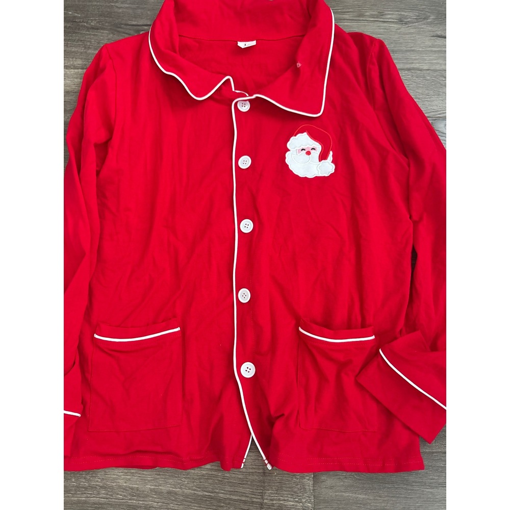 Red Santa Claus Embroidered Button Down Pajama Top White Piping Large